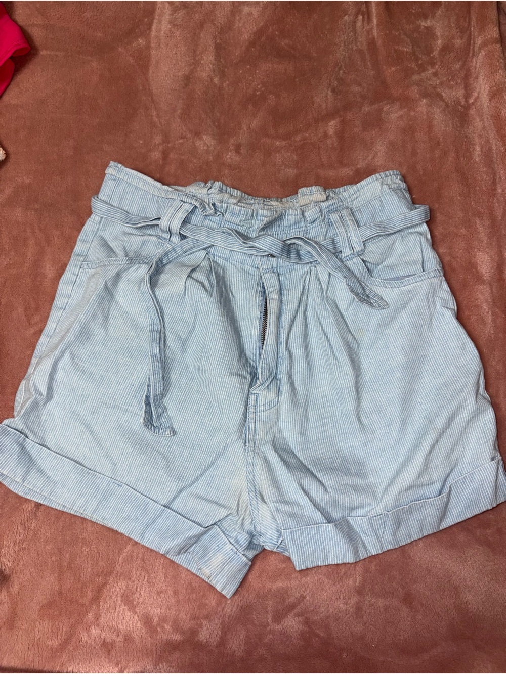 Light Blue Stripped high Waist Women's Shorts With Tie